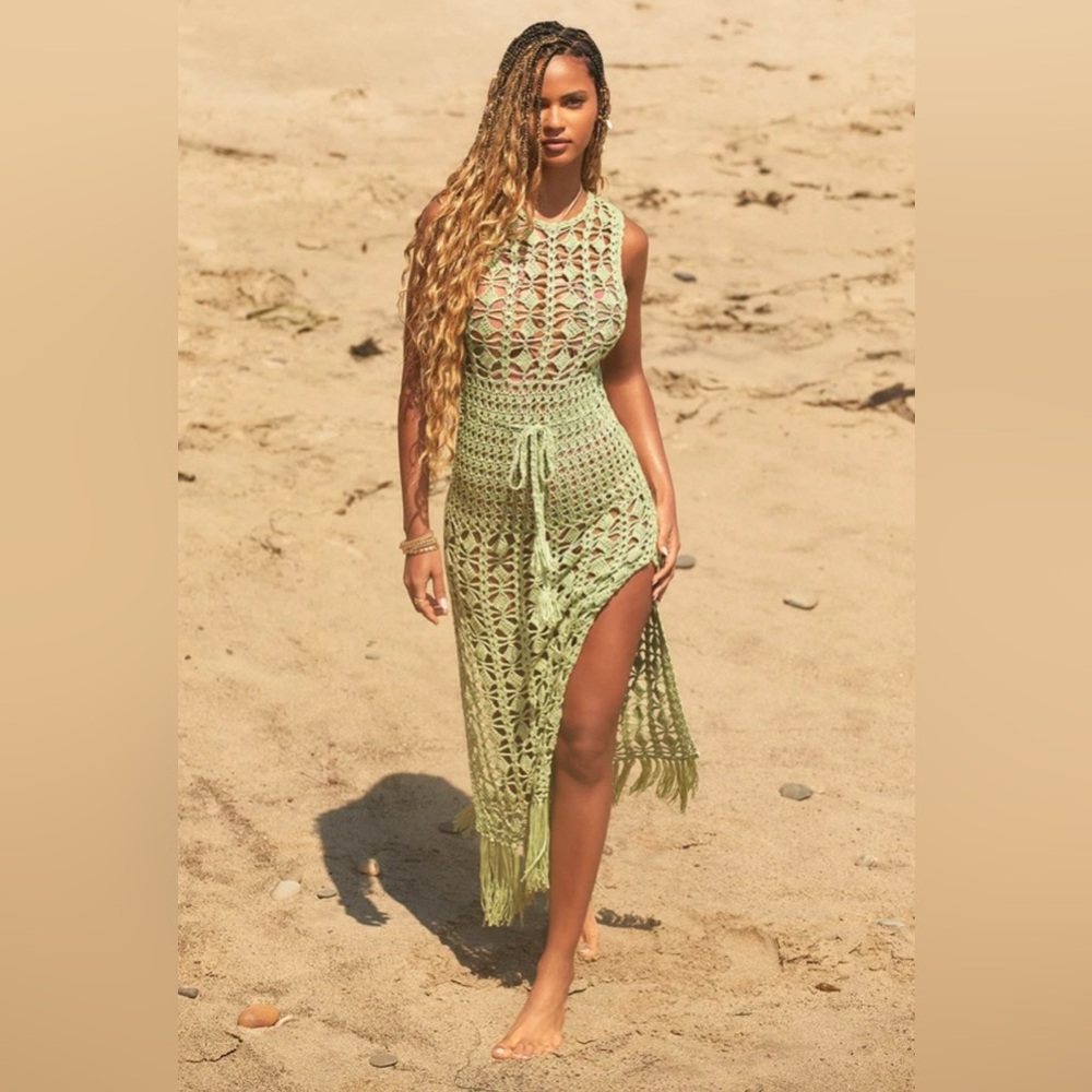Endless Waves Sage Green Crochet Fringe Midi Swim Cover-Up